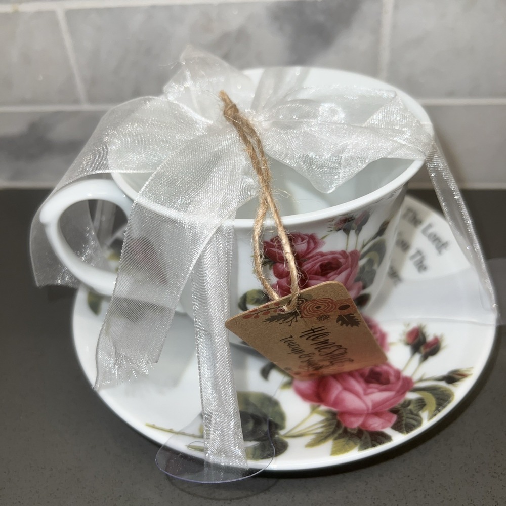 NEW KENT Pottery Lord Scripture PSALM 37:4 Rose Coffee Tea Cup & Saucer Floral